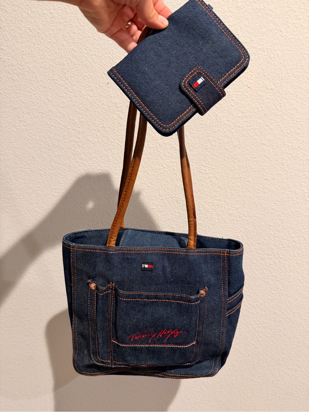 Y2K Tommy Hilfiger denim mini tote bag and matching wallet set